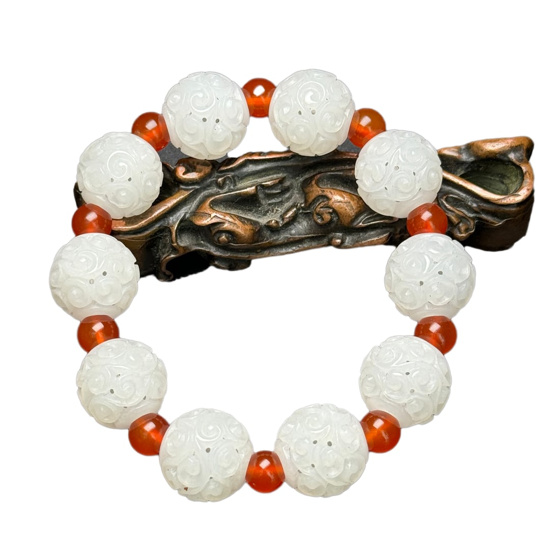 Hand Woven Openwork Chinese Hetian Jade Beads Bracelet: Hand Woven Openwork Chinese Hetian Jade Beads BraceletDimension: 18 (mm) 0.71 (inches) Weight: 0.10 lbs/ 44 g