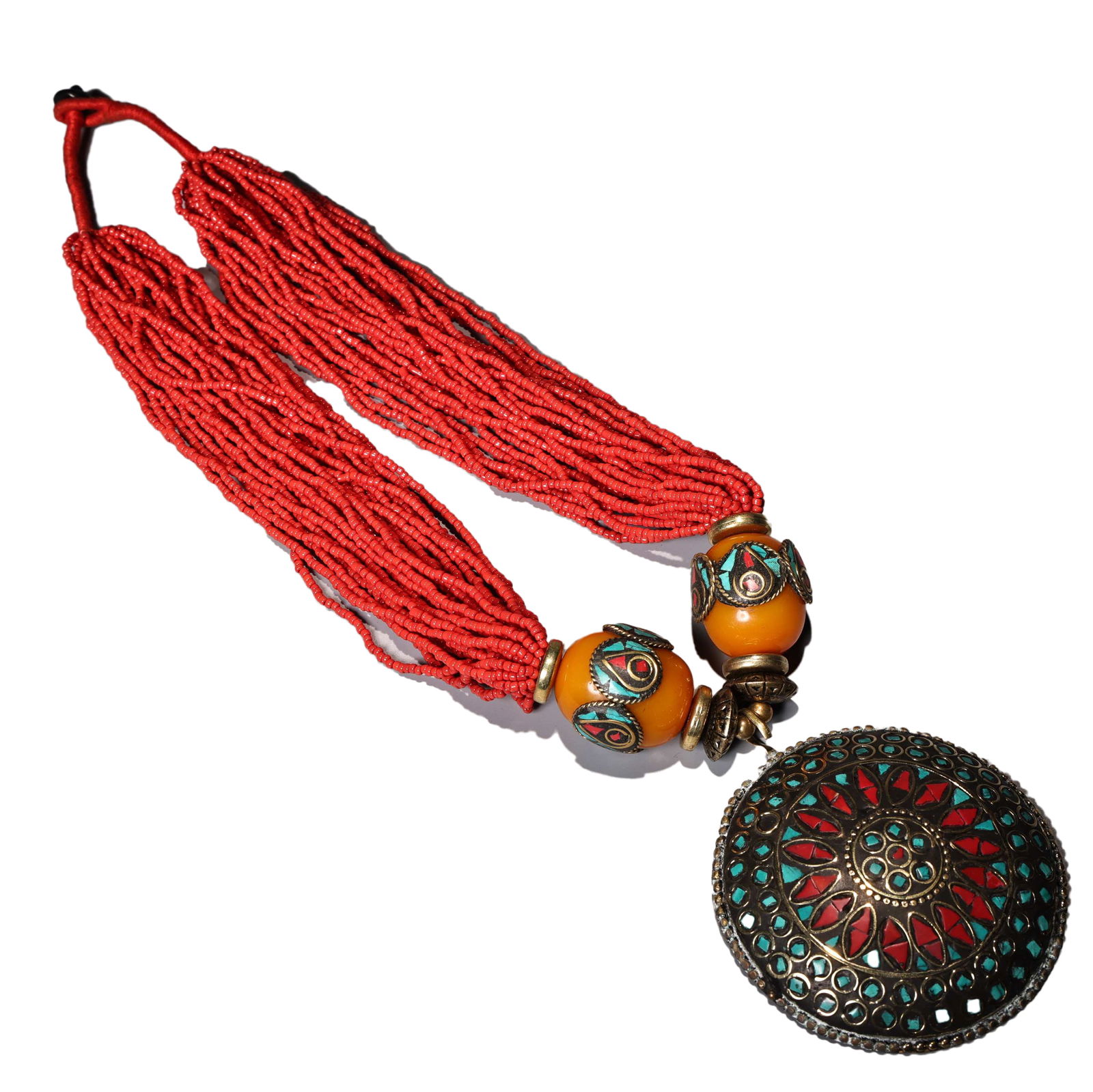 Old Tibetan Copper Inlay Turquoise & Beeswax & Coral Beads Necklace: Old Tibetan Copper Inlay Turquoise & Beeswax & Coral Beads NecklaceDimension: 390 (mm) 15.35 (inches) Weight: 0.51 lbs/ 230 g