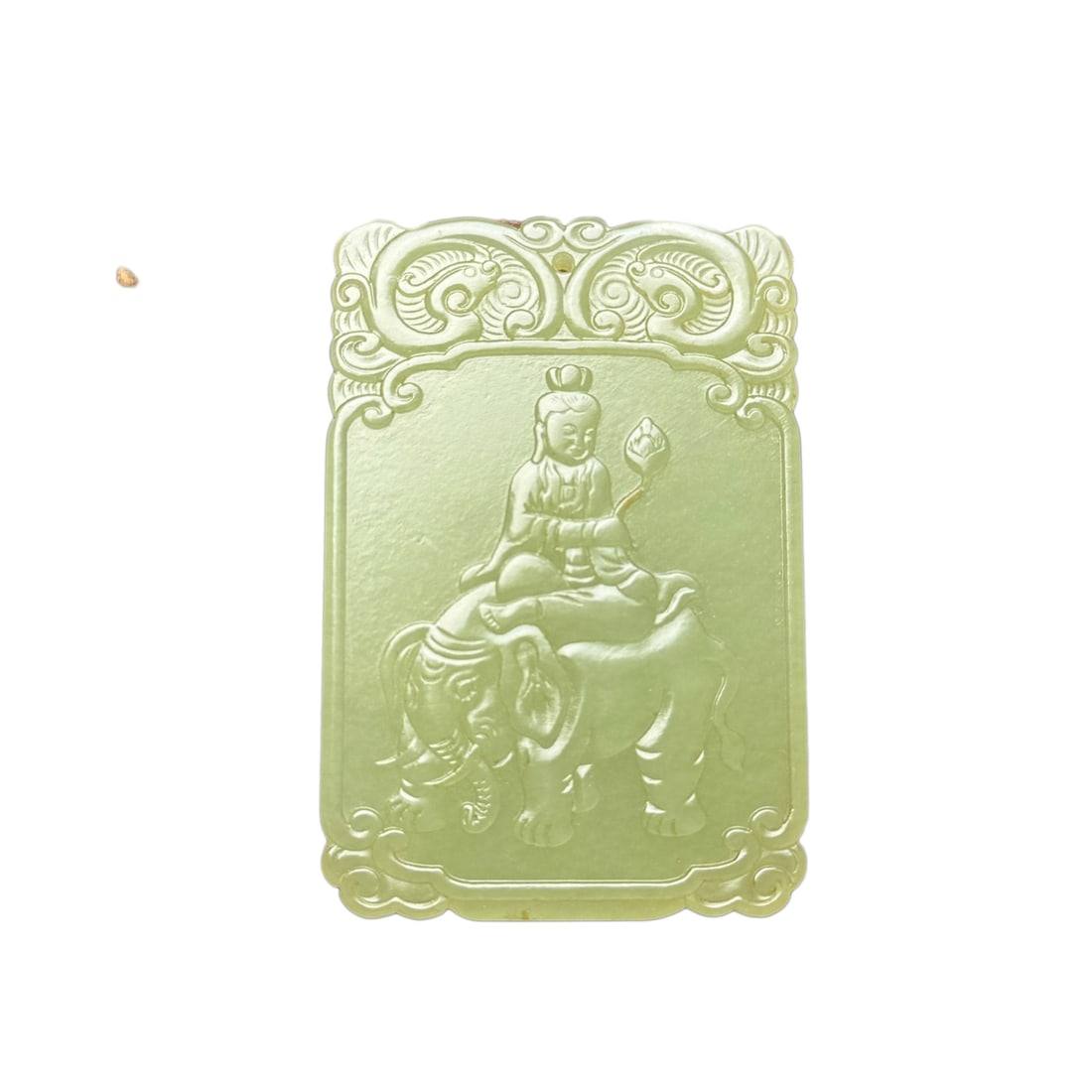 Chinese Hetian Jade Low Relief Samantabhadra Pendant: Chinese Hetian Jade Low Relief Samantabhadra PendantDimension: 62 x 41 x 5 (mm)2.44 x 1.61 x 0.20 (inches) Weight: 0.07 lbs/ 32 g