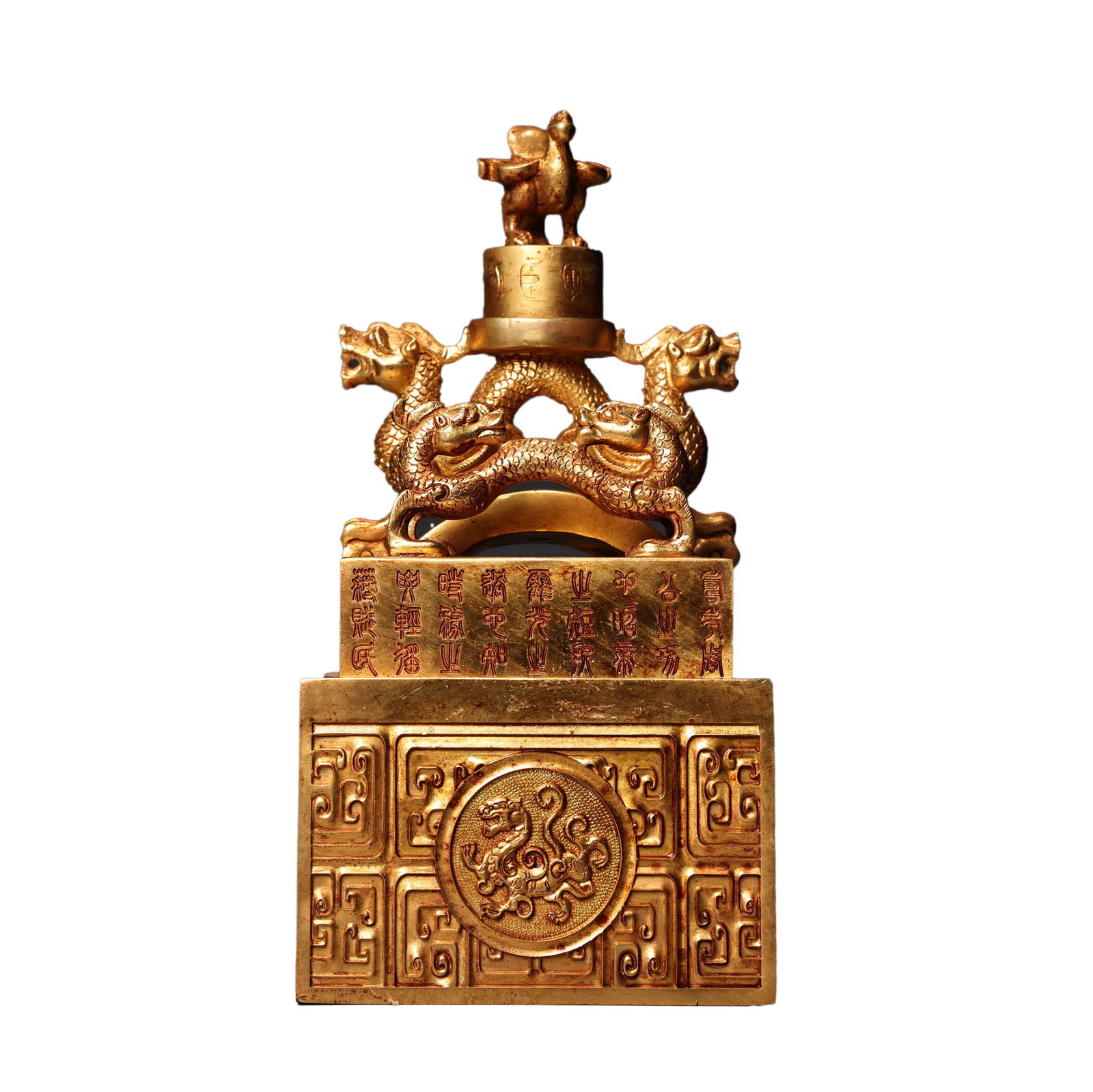 Vintage Chinese Gilt Gold Copper Fortune Dragon Seal: Vintage Chinese Gilt Gold Copper Fortune Dragon SealDimension: 170 x 90 (mm) 6.69 x 3.54 (inches) Weight: 11.02 lbs/ 5000 g