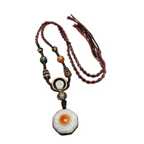Old Tibetan Sky Eye DZI Agate Lucky Pendant w Hand Woven Beads Necklace