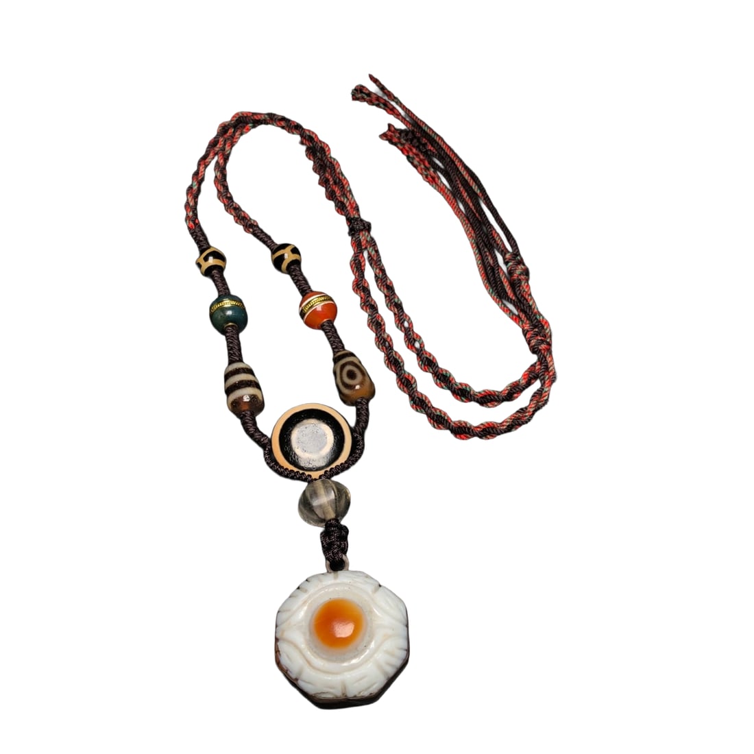 Old Tibetan Sky Eye DZI Agate Lucky Pendant w Hand Woven Beads Necklace: Old Tibetan Sky Eye DZI Agate Lucky Pendant w Hand Woven Beads NecklaceDimension: 33 x 19 (mm) 1.30 x 0.75 (inches)