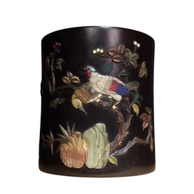 Vintage Chinese Zitan Wood Inlay Shoushan Stone Flowers Bird Design Brush Pot