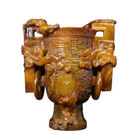 Superb Vintage Ox Horn Carved Chi Dragon Wine Cup