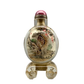Old Chinese Peking Glass Inside Painting Deer Design Snuff Bottle w Stopper