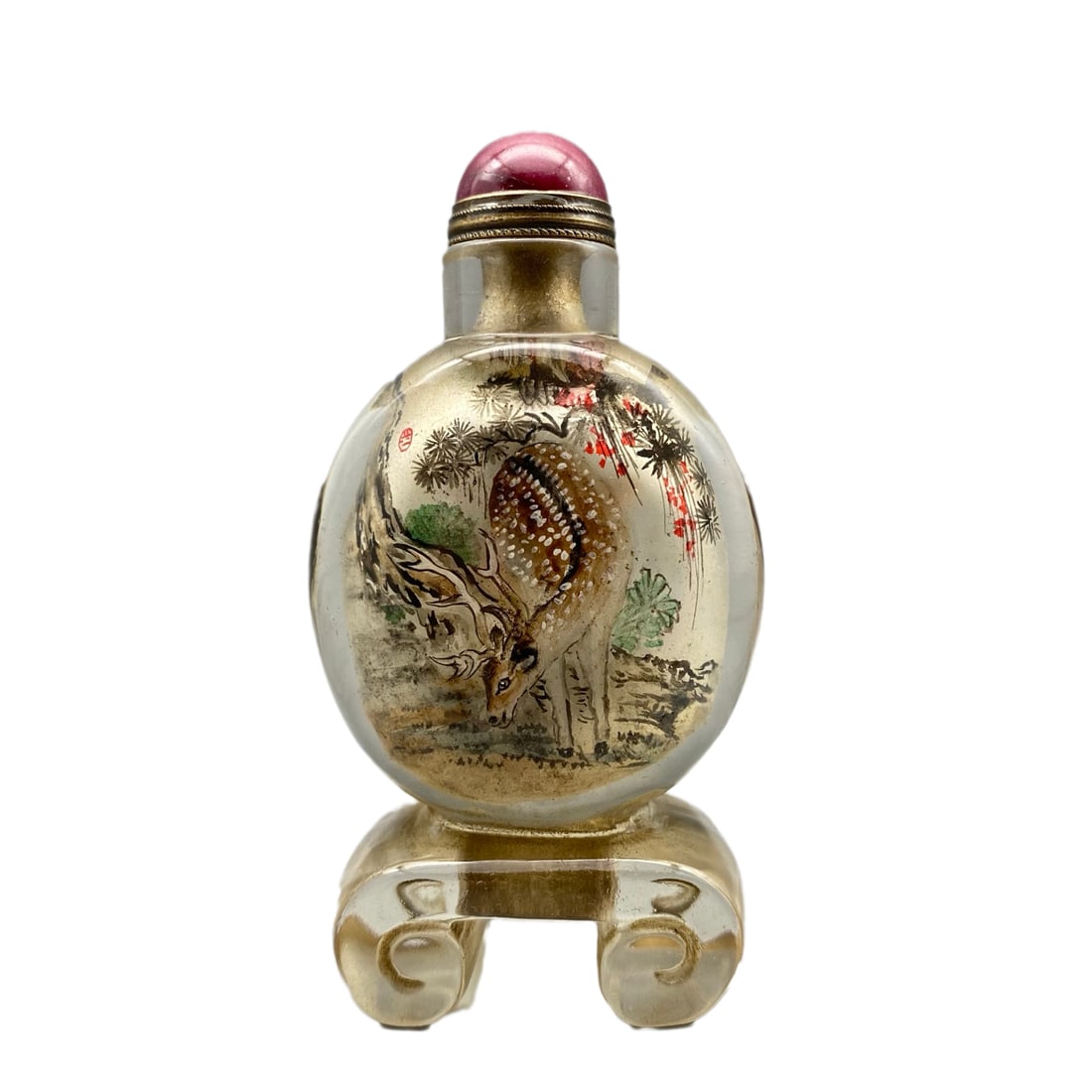 Old Chinese Peking Glass Inside Painting Deer Design Snuff Bottle w Stopper: Old Chinese Peking Glass Inside Painting Deer Design Snuff Bottle w Stopper Dimension: 95 x 51 x 28 (mm)3.74 x 2.01 x 1.10 (inches) Weight: 0.30 lbs/ 138 g
