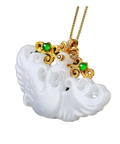 High Quality Chinese 18K Gold Inlay Hetian Jade Carved Phoenix Pendant