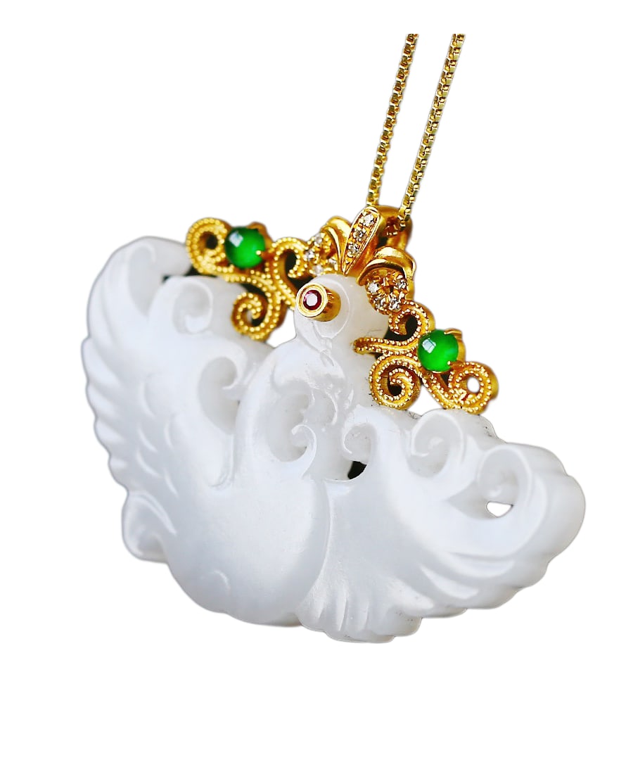 High Quality Chinese 18K Gold Inlay Hetian Jade Carved Phoenix Pendant: High Quality Chinese 18K Gold Inlay Hetian Jade Carved Phoenix PendantDimension: 33.8 x 25 x 5 (mm)1.33 x 0.98 x 0.20 (inches)