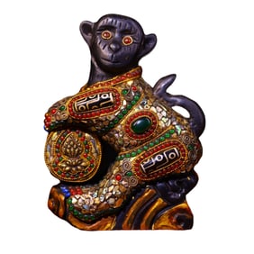 Vintage Meteorite Inlay DZI Agate & Shell Carved Monkey Statue