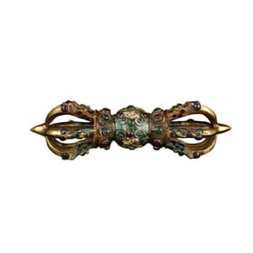 Old Tibetan Gilt Gold Bronze Inlay Turquoise & Gems Pestle Xiangmo Statue