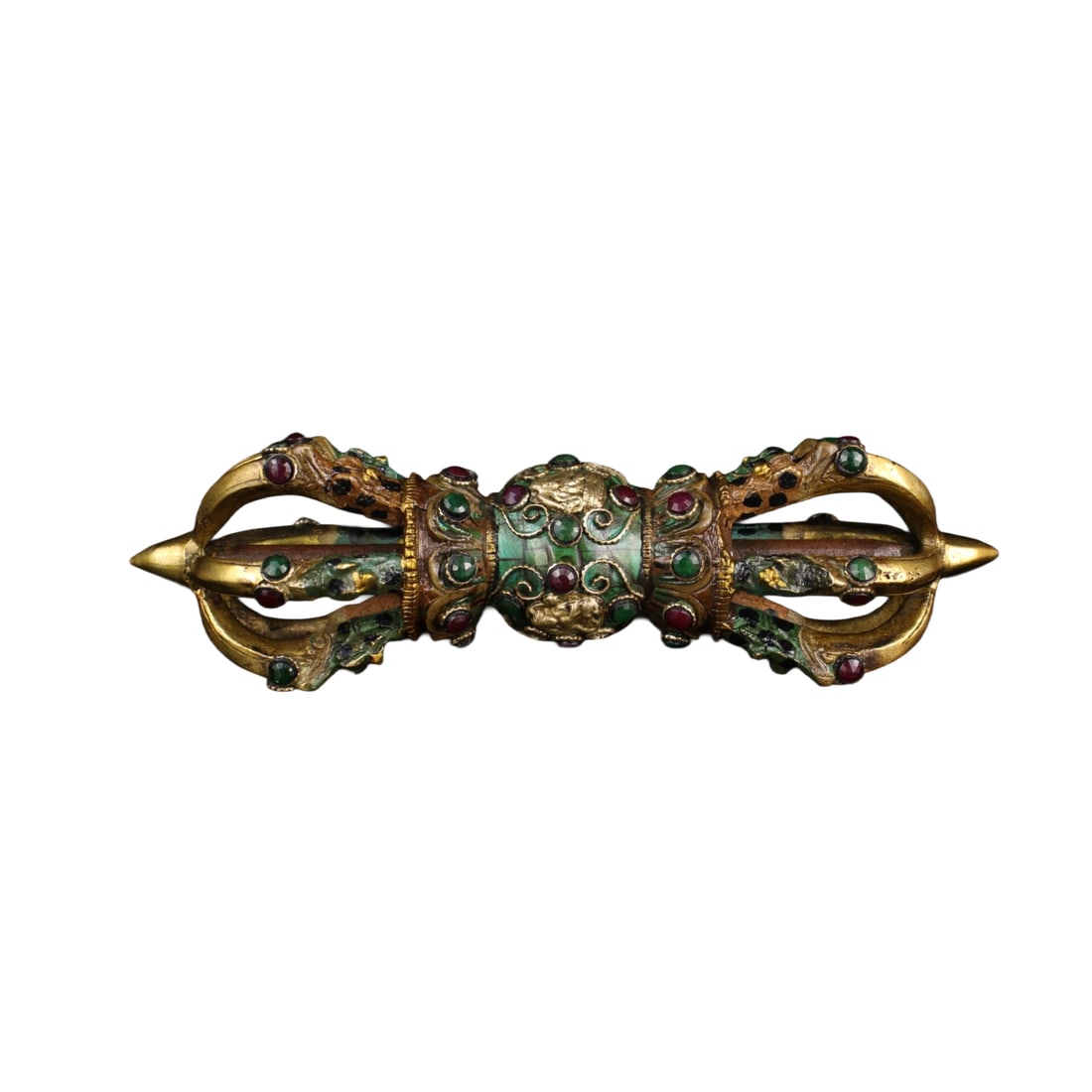 Old Tibetan Gilt Gold Bronze Inlay Turquoise & Gems Pestle Xiangmo Statue: Old Tibetan Gilt Gold Bronze Inlay Turquoise & Gems Pestle Xiangmo StatueDimension: 230 x 70 (mm) 9.05 x 2.75 (inches) Weight: 2.65 lbs/ 1203 g