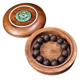 Hand Woven Vintage Chenxiang Wood Beads Bracelet w Huali Wood Box