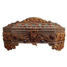 Exquisite Tibetan Silver Wires Enamel Turquoise & DZI Agate & Gems Jewellery Box
