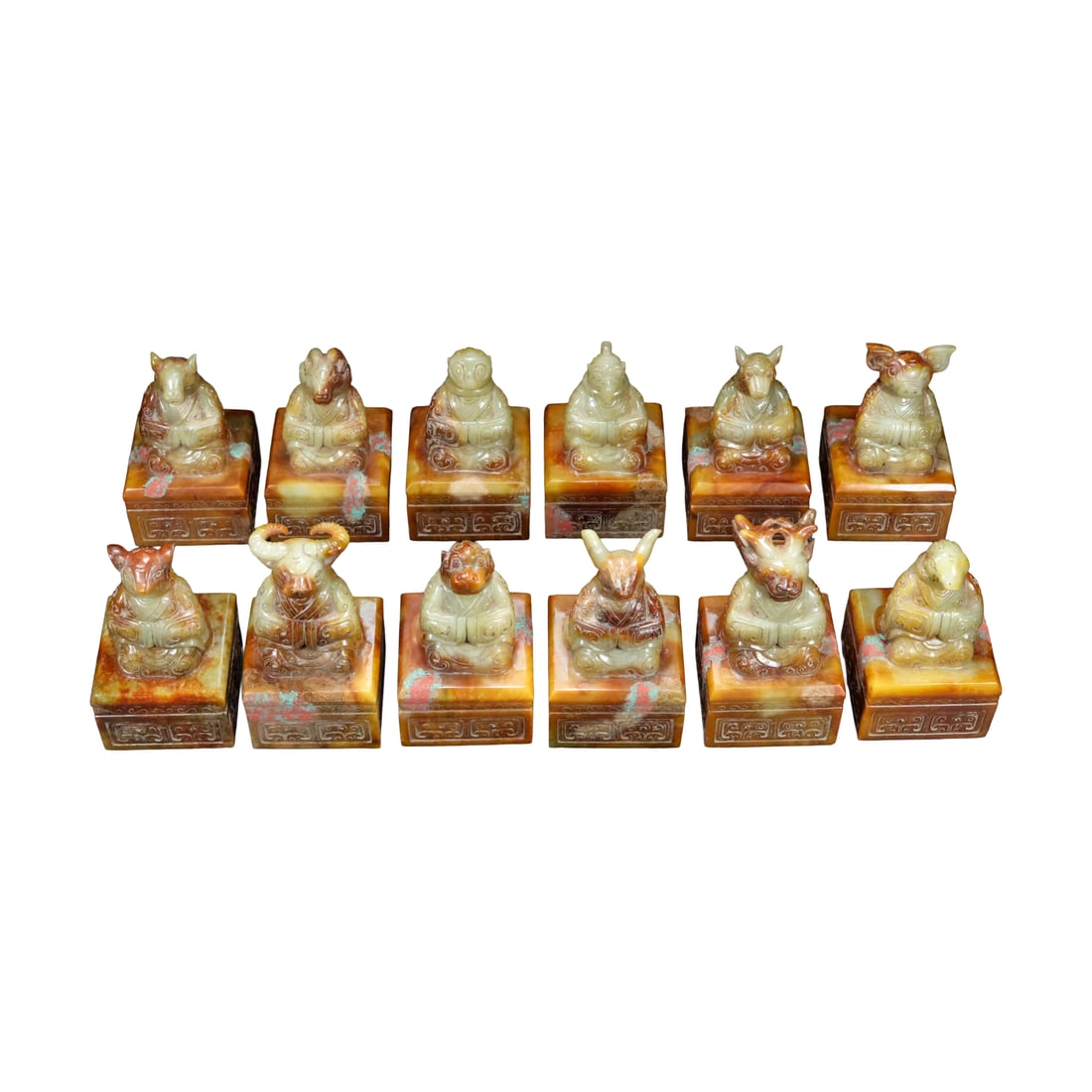 A Set Superb Vintage Chinese Hetian Jade Carved 12 Zodiac Seal Statues: A Set Superb Vintage Chinese Hetian Jade Carved 12 Zodiac Seal StatuesDimension: 110 x 63 x 63 (mm) 4.33 x 2.48 x 2.48 (inches) Weight: 15.43 lbs/ 7000 g