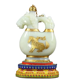 Superb Chinese Inlaying Copper Edge Hetian Jade Horse Pot Statue