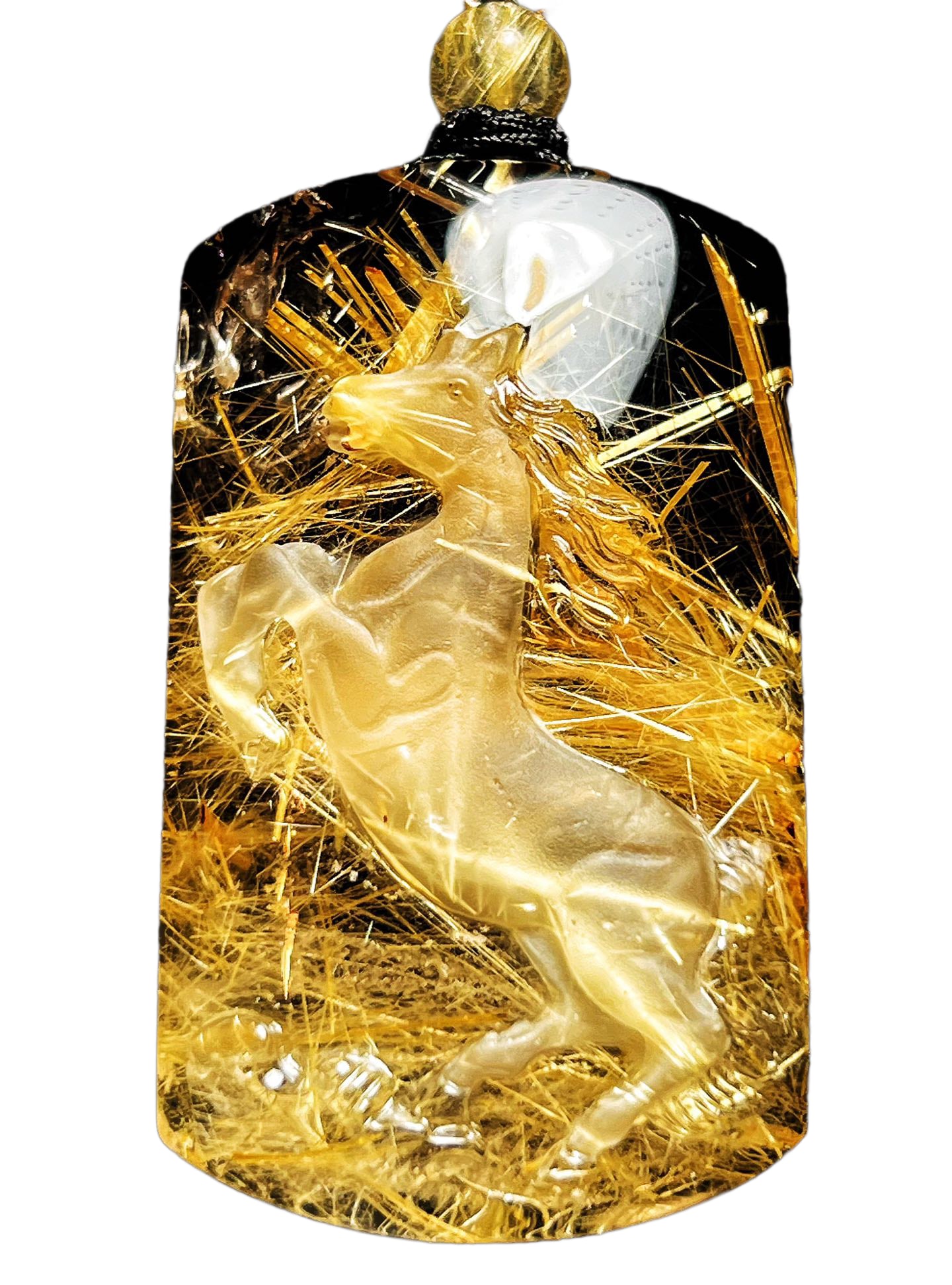 Exquisite Titanium Crystal Carved Fortune Horse Pendant: Exquisite Titanium Crystal Carved Fortune Horse PendantDimension: 46 x 28 x 12 (mm) 1.81 x 1.10 x 0.47 (inches) Weight:0.07 lbs/ 30.4 g