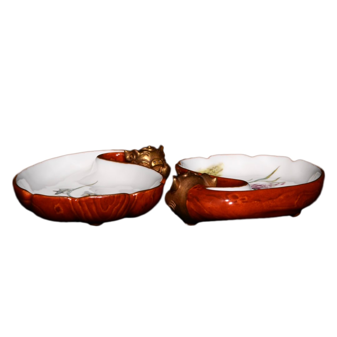 A Pair Chinese Wood Grain Glaze Famille Rose Flowers Design Porcelain Brush Washer: A Pair Chinese Wood Grain Glaze Famille Rose Flowers Design Porcelain Brush WasherDimension: 135 x 30 (mm) 5.31 x 1.18 (inches)