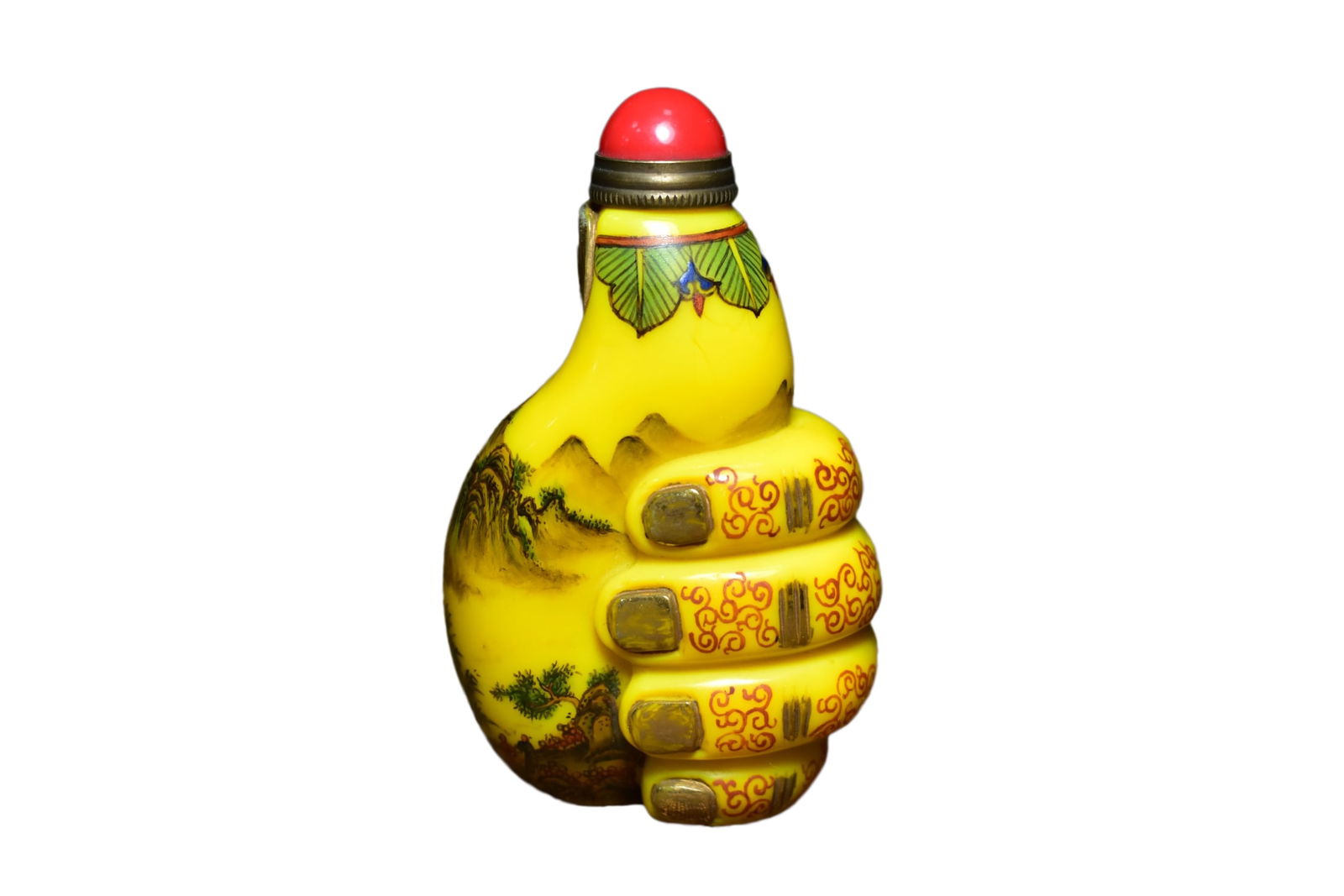 Chinese Yellow Peking Glass Mountain River Scene Design Snuff Bottle: Chinese Yellow Peking Glass Mountain River Scene Design Snuff BottleDimension: 80 x 50 (mm) 3.15 x 1.97 (inches) Weight: 0.29 lbs/ 130 g