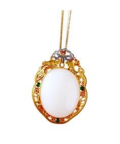 High Quality Chinese 18K Gold Inlay Hetian Jade Carved Ruyi Pendant