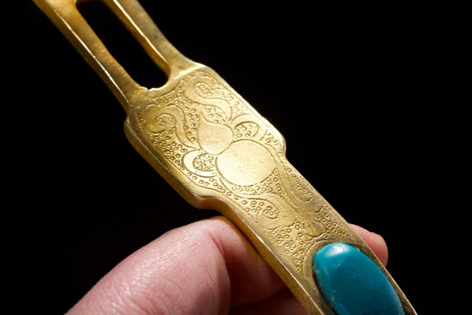 Vintage Chinese Gilt Gold Copper Inlay Jade Ruyi Statue - 10