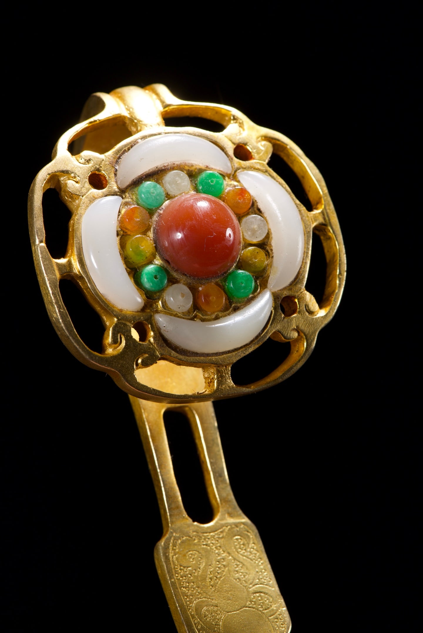 Vintage Chinese Gilt Gold Copper Inlay Jade Ruyi Statue - 11