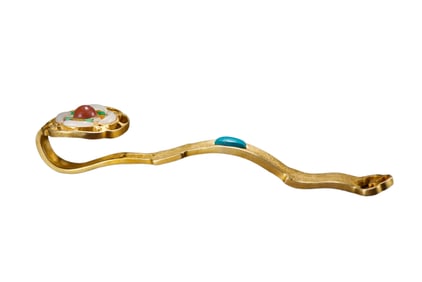 Vintage Chinese Gilt Gold Copper Inlay Jade Ruyi Statue