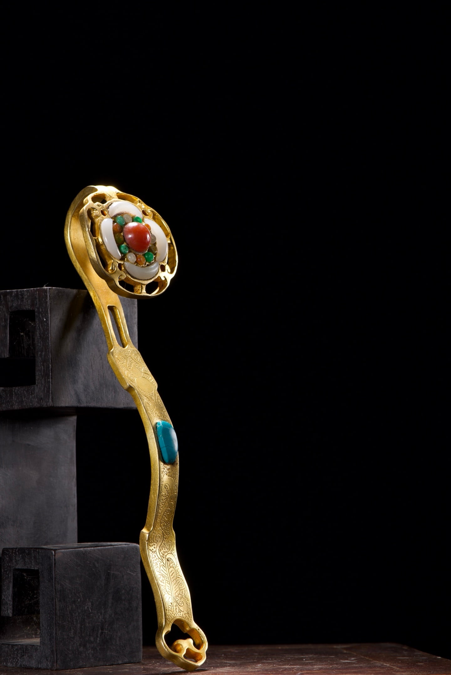 Vintage Chinese Gilt Gold Copper Inlay Jade Ruyi Statue - 6