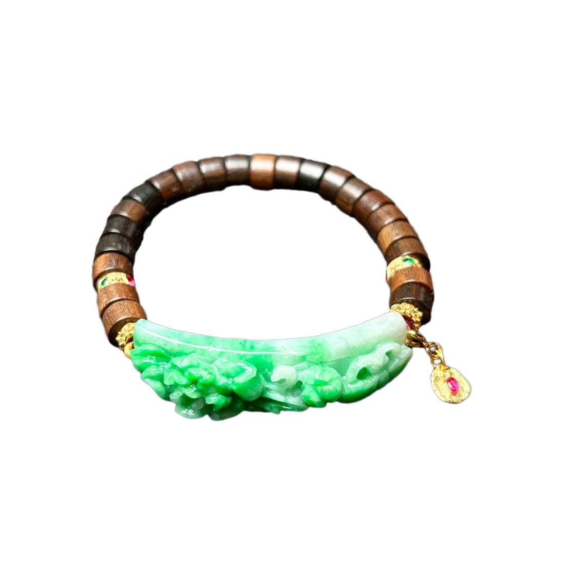 Hand Woven Green Jadeite Carved Flower & Chenxiang Wood Beads Bracelet: Hand Woven Green Jadeite Carved Flower & Chenxiang Wood Beads Bracelet