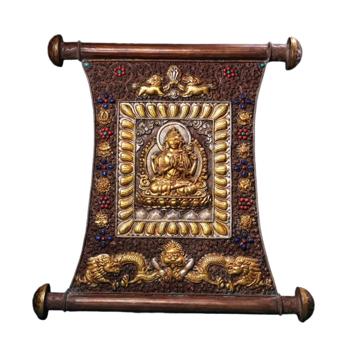 Tibetan Buddhism Gilt Gold Copper Inlay Turquoise & Lapis Lazuli Four Arn Kwan-yin Tangka: Tibetan Buddhism Gilt Gold Copper Inlay Turquoise & Lapis Lazuli Four Arn Kwan-yin TangkaDimension: 350 x 350 (mm) 13.78 x 13.78 (inches) Weight: 2.20 lbs/ 1000 g