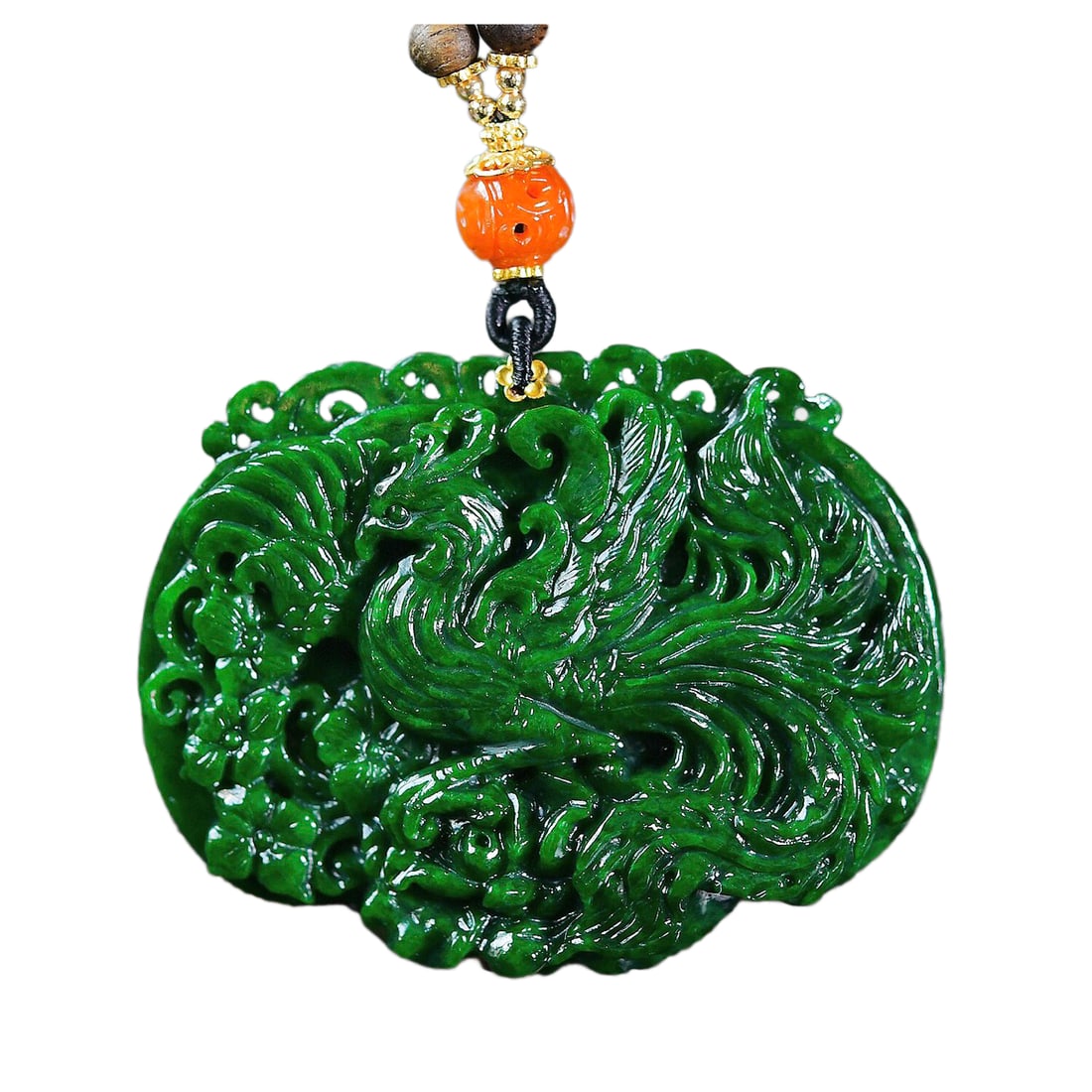 Exquisite Green Jadeite Carved Phoenix & Peony Pendant w Hand Woven Chenxiang Wood Beads Necklace: Exquisite Green Jadeite Carved Phoenix & Peony Pendant w Hand Woven Chenxiang Wood Beads NecklaceDimension: 53 x 42 x 10 (mm) 2.09 x 1.65 x 0.39 (inches)