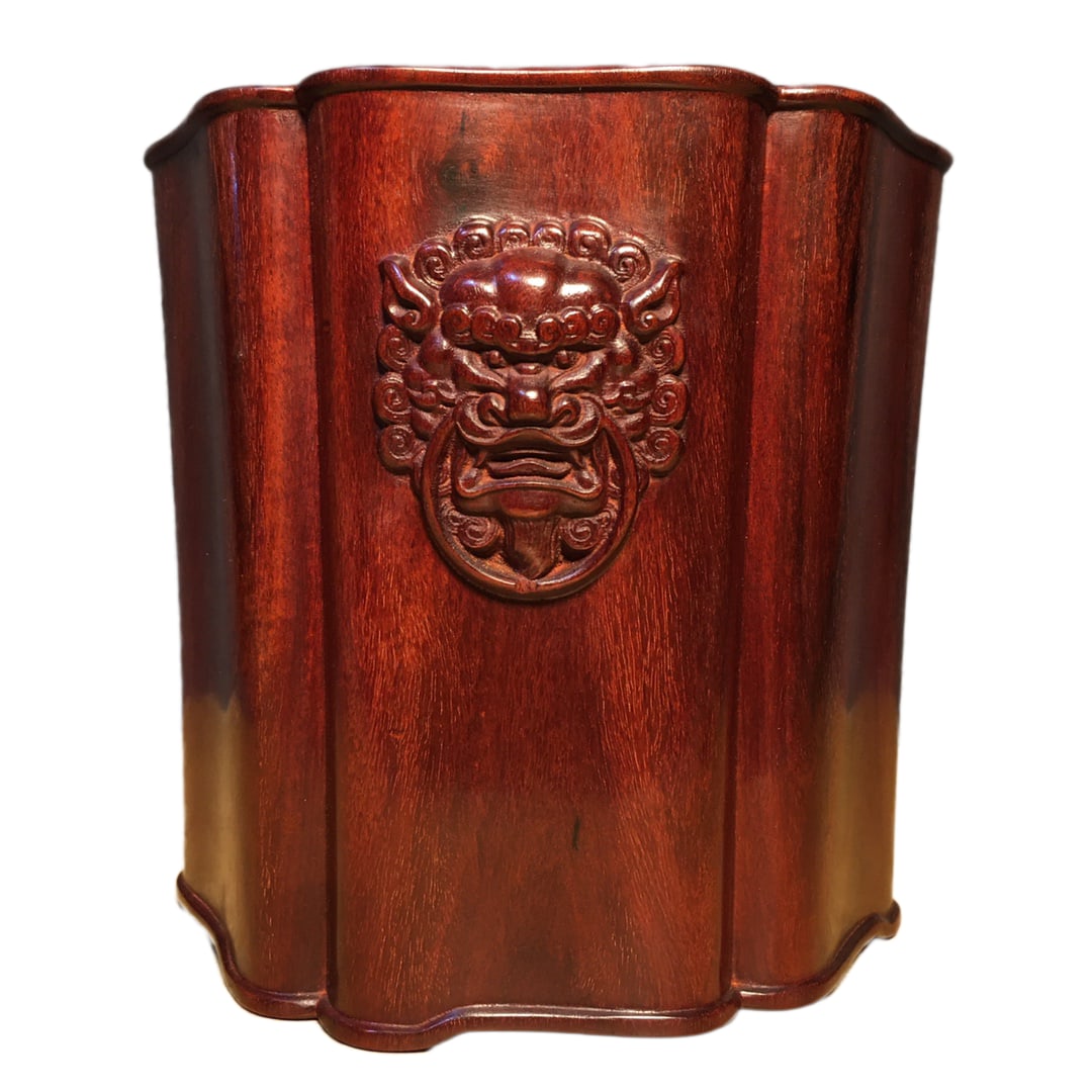 Chinese Huanghuali Wood Low Relief Fortune Lion Design Brush Pot: Chinese Huanghuali Wood Low Relief Fortune Lion Design Brush PotDimension: 185 x 190 (mm) 7.28 x 7.48 (inches) Weight: 3.29 lbs/ 1495 g