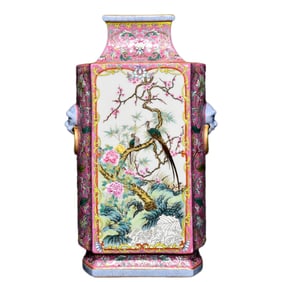 Chinese Qing Dynasty Gilt Edge Famille Rose Flowers Bird Design Porcelain Vase