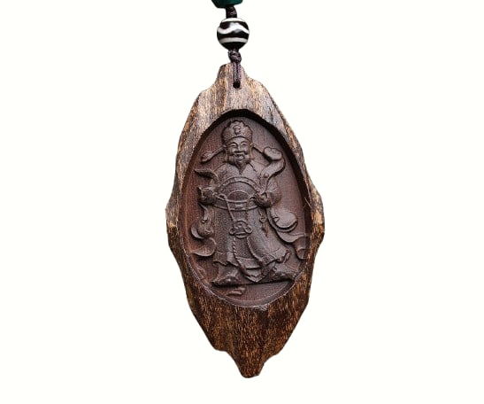 Vintage Chinese Chenxiang Wood Carved Fortune Taoism Deity Pendant w Hand Woven Beads Necklace: Vintage Chinese Chenxiang Wood Carved Fortune Taoism Deity Pendant w Hand Woven Beads NecklaceDimension: 80 x 42 (mm) 3.15 x 1.65 (inches) Weight: 0.11 lbs/ 52 g