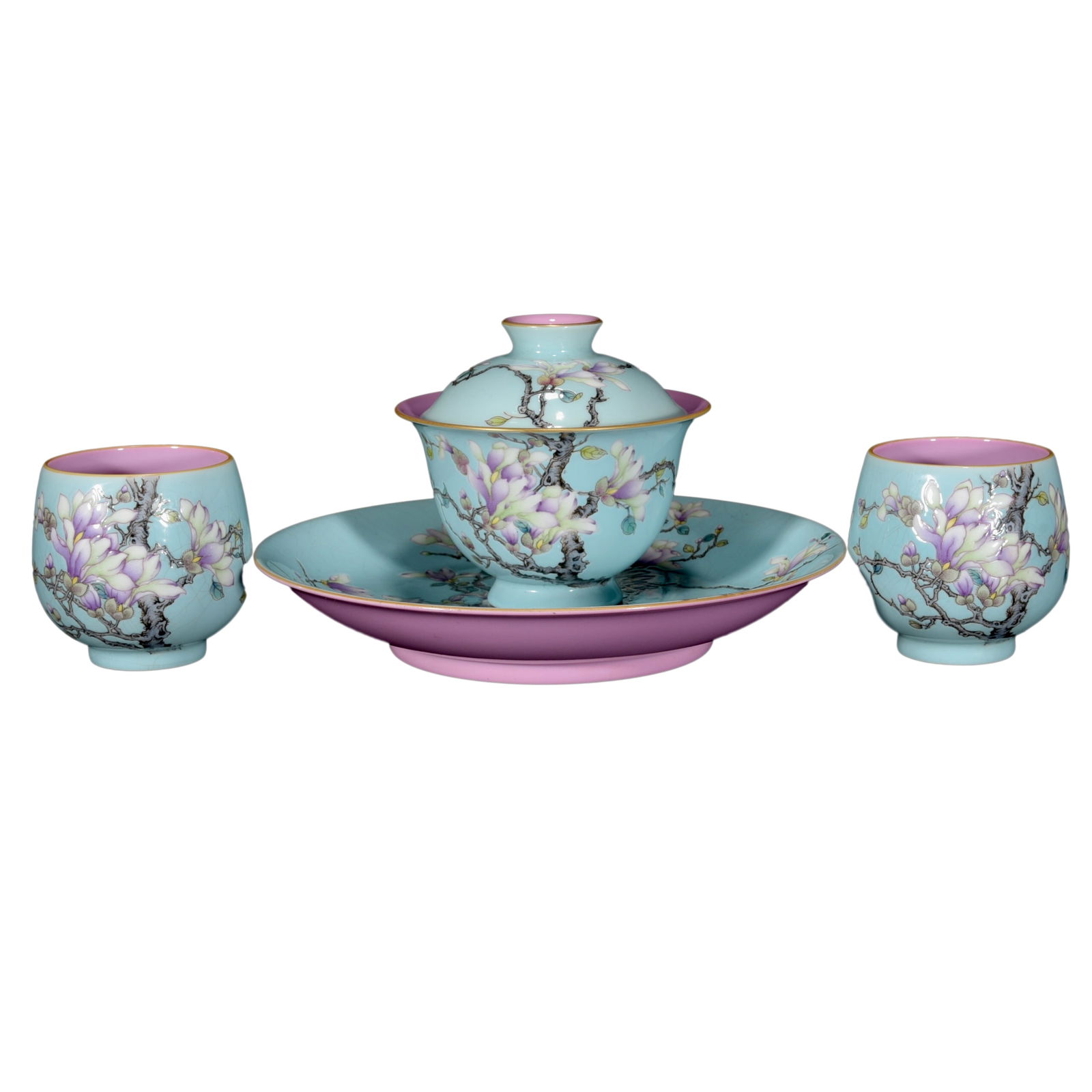 A Set Chinese Gilt Edge Famille Rose Orchid Design Porcelain Teabowl w Saucer & Cups (1 of 10)