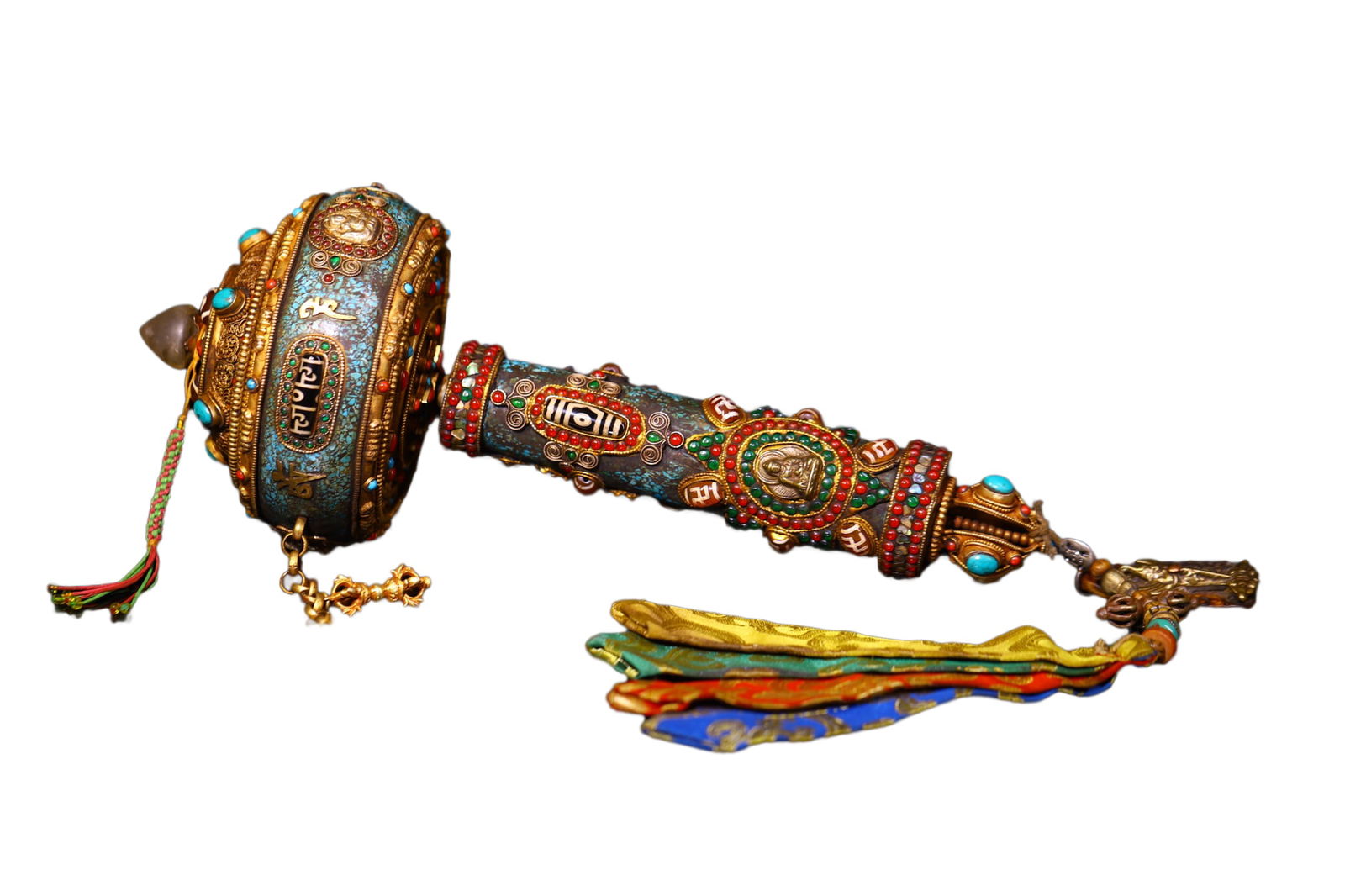 Old Tibetan Gilt Gold Copper Inlay DZI Agate & Turquoise Prayer Wheel Statue (1 of 10)