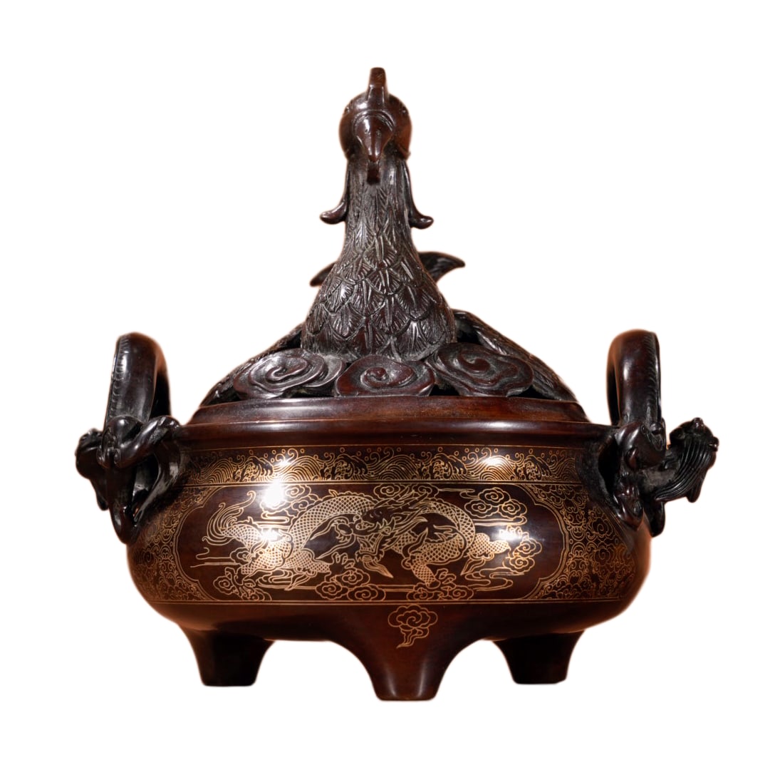 Vintage Chinese Copper Inlay Silver Wires 3 Leg Dragon Phoenix Incense Burner (1 of 10)