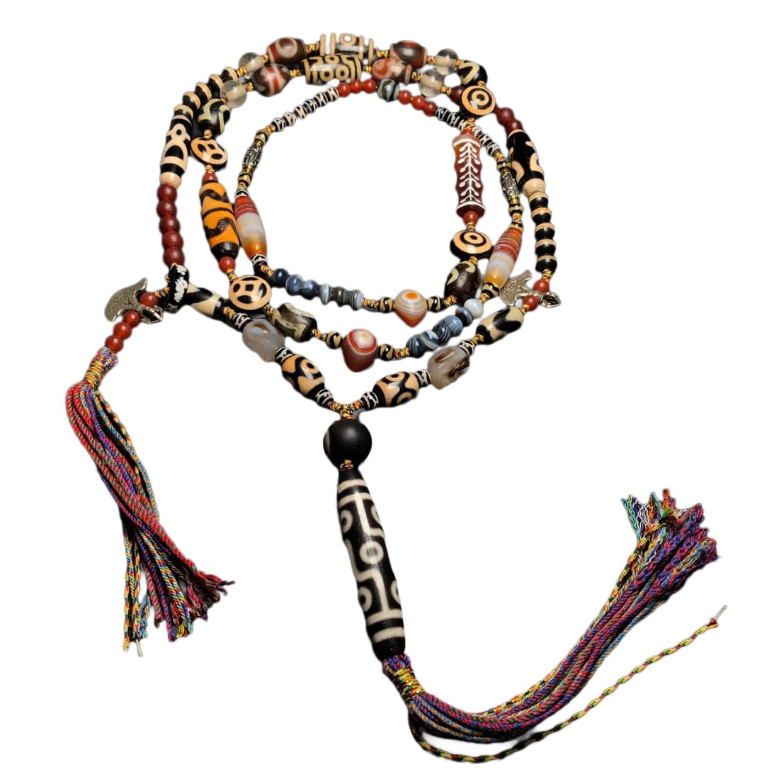 Tibetan 9 Eye DZI Agate Lucky Pendant w Hand Woven Beads Necklace (1 of 10)