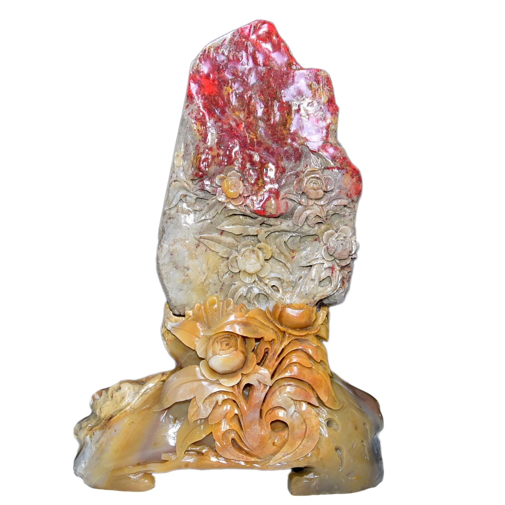 Chinese Chicken Blood Stone Carved Flowers Statue (1 of 9)