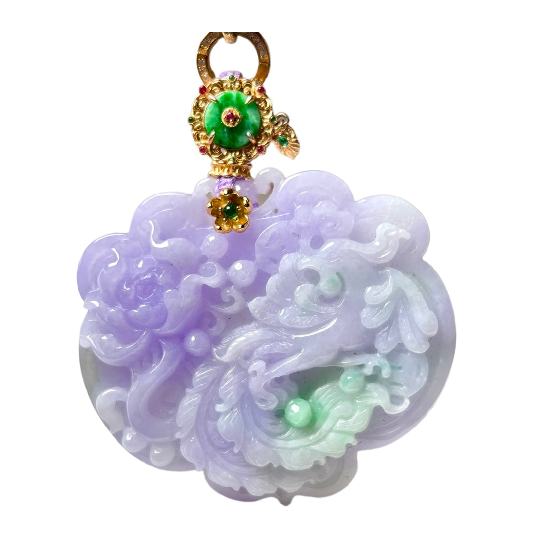 Exquisite Purple Jadeite Carved Phoenix & Peony Pendant w Hand Carved Jadeite Beads Necklace (1 of 7)
