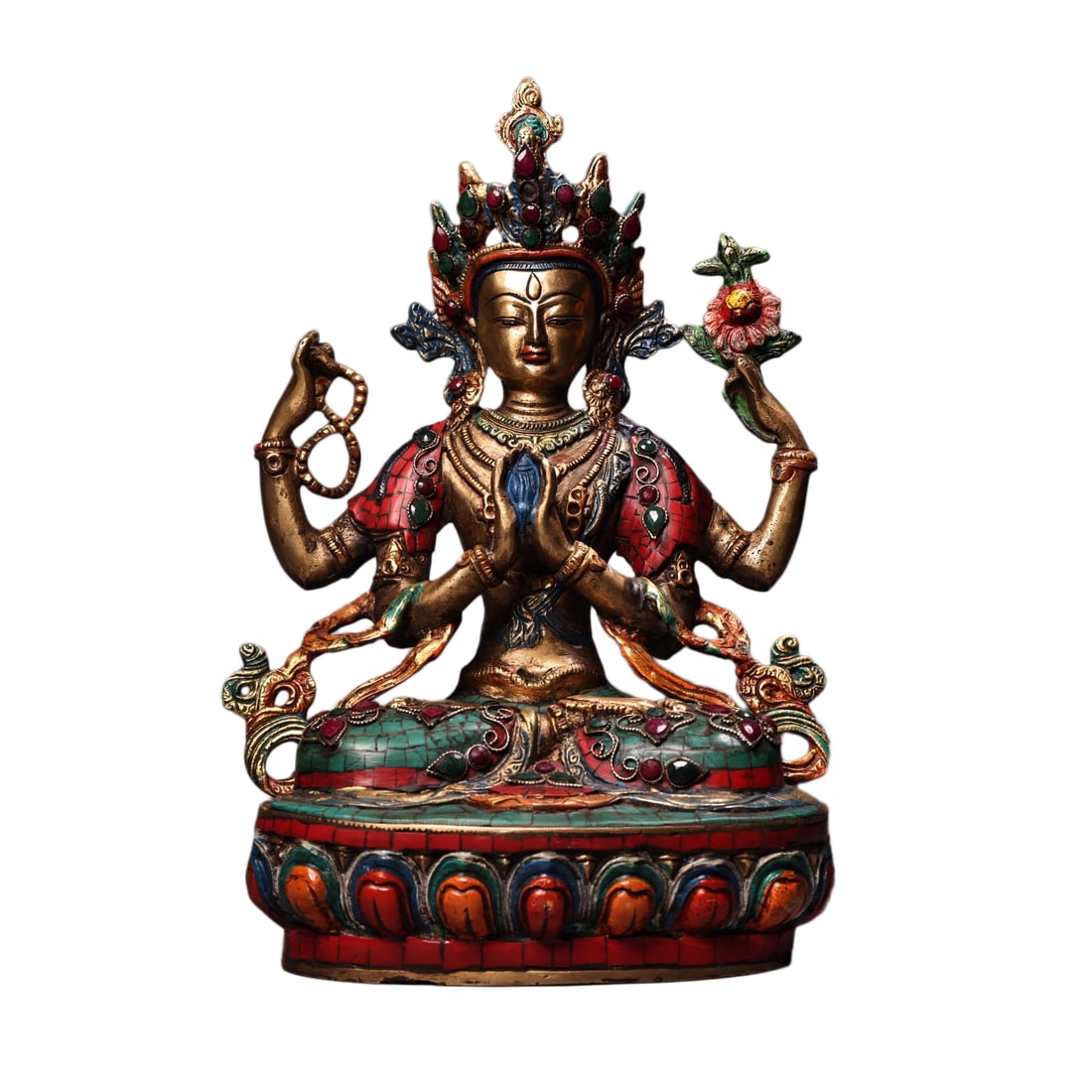 Tibetan Buddhism Gilt Gold Copper Inlay Turquoise & Gems Four Arm Kwan-yin Statue (1 of 13)
