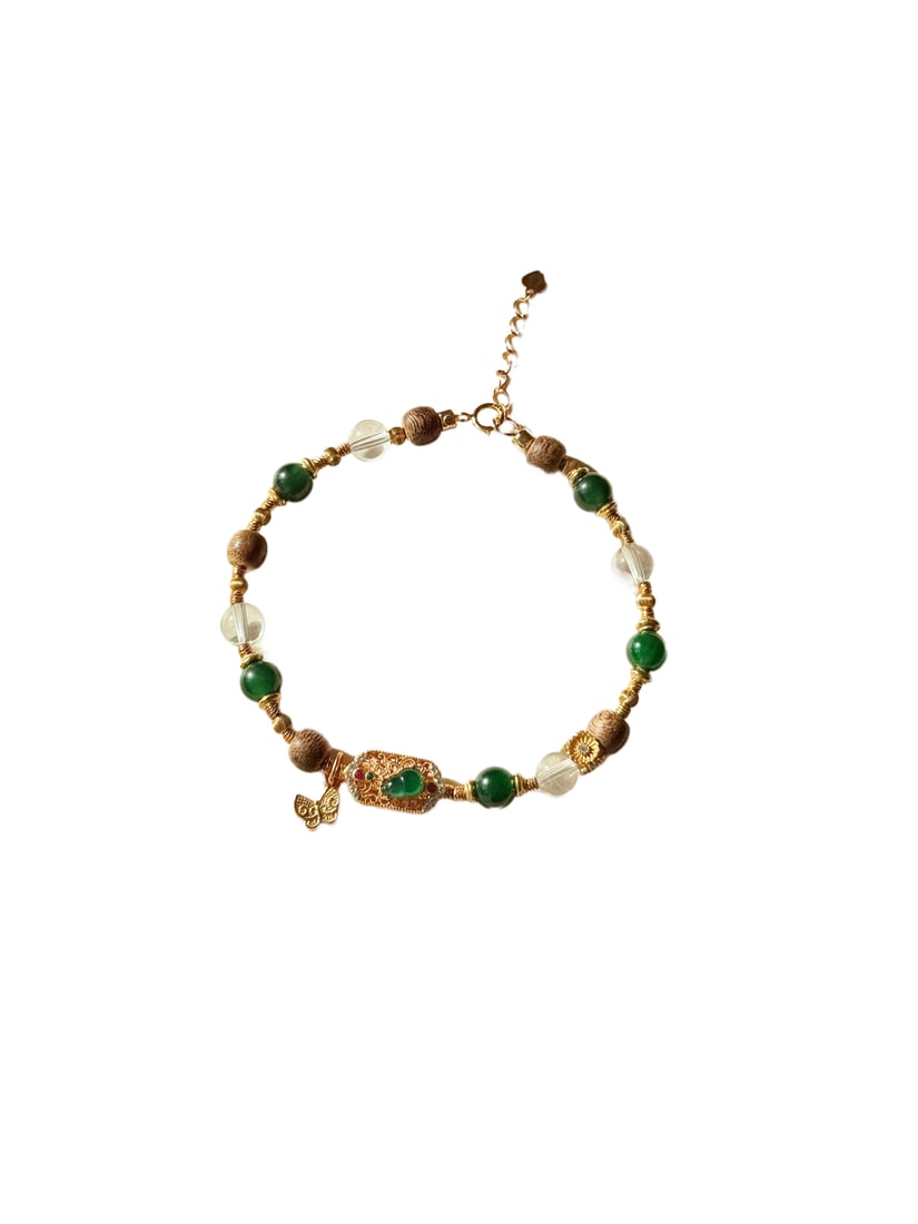Hand Woven Chenxiang Wood & Green Jadeite & White Crystal Beads Bracelet (1 of 10)