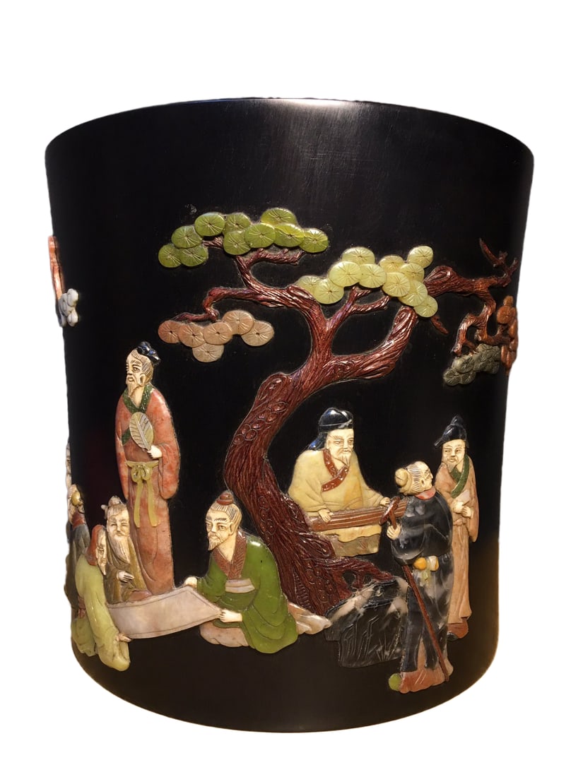 Vintage Chinese Zitan Wood Inlay Shoushan Stone & Shell Sages Meeting Brush Pot: Vintage Chinese Zitan Wood Inlay Shoushan Stone & Shell Sages Meeting Brush PotDimension: 270 x 270 (mm) 10.63 x 10.63 (inches) Weight: 15.43 lbs/ 7000 g