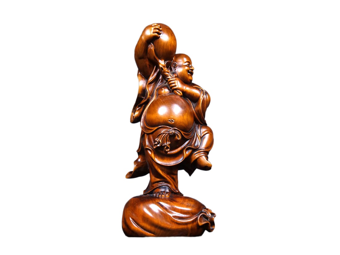 Vintage Chinese Boxwood Wood Carved Laughing Buddha Statue: Vintage Chinese Boxwood Wood Carved Laughing Buddha StatueDimension: 260 x 100 x 80 (mm)10.24 x 3.94 x 3.15 (inches) Weight: 1.85 lbs/ 40 g