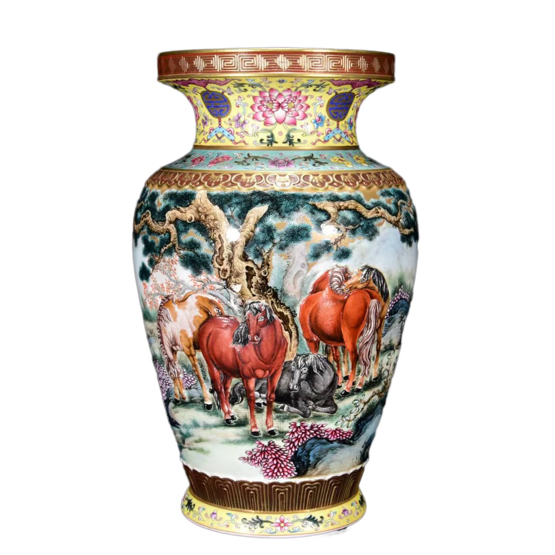 Chinese Qing Dynasty Gilt Edge Famille Rose Eight Horse Design Porcelain Vase (1 of 10)