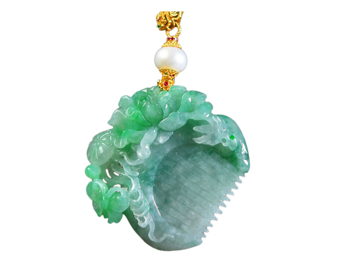 Exquisite Green Jadeite Carved Flower Comb Pendant w Hand Woven Beads Necklace (1 of 7)