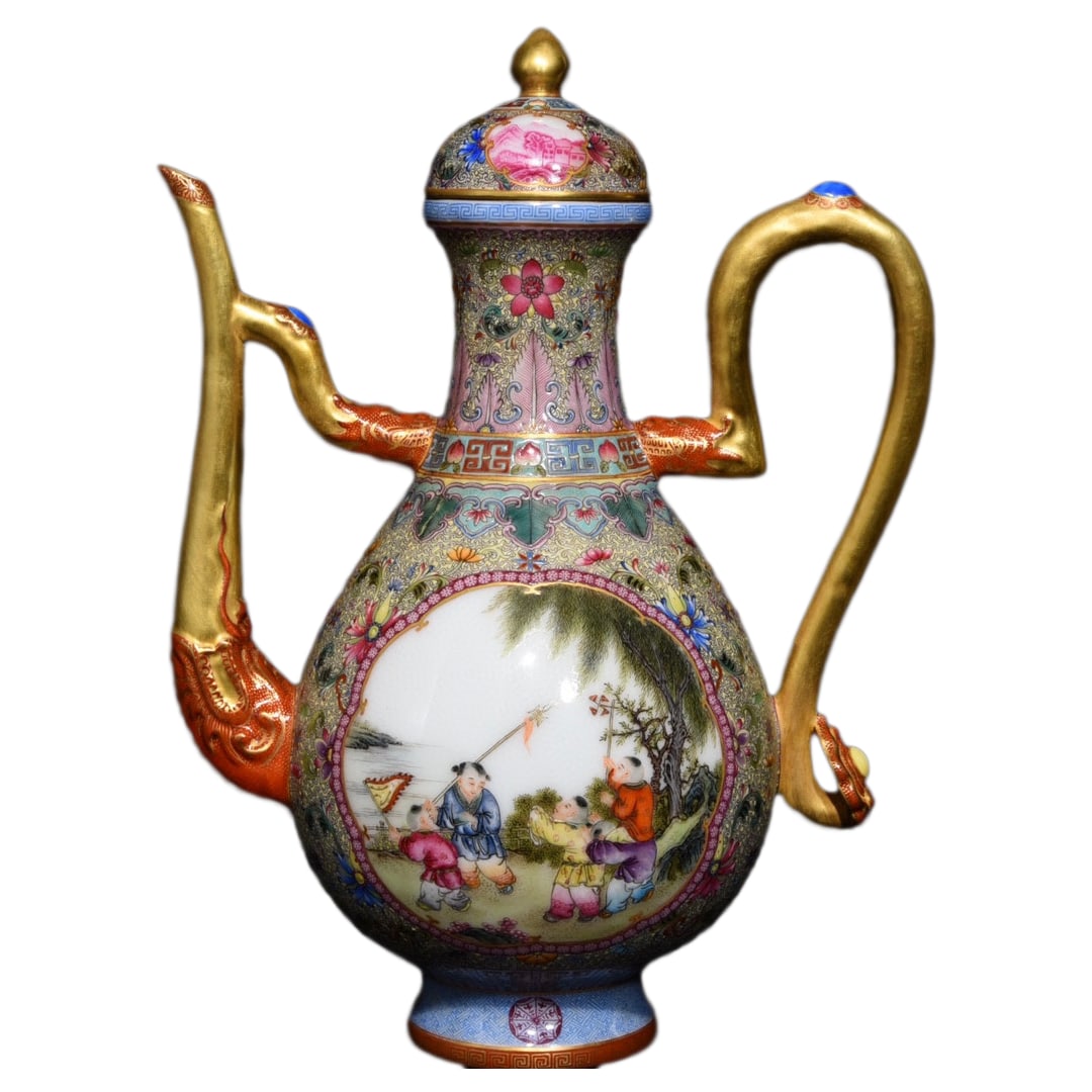 Chinese Qing Dynasty Gilt Edge Famille Rose Kids Design Porcelain Wine Pot (1 of 10)