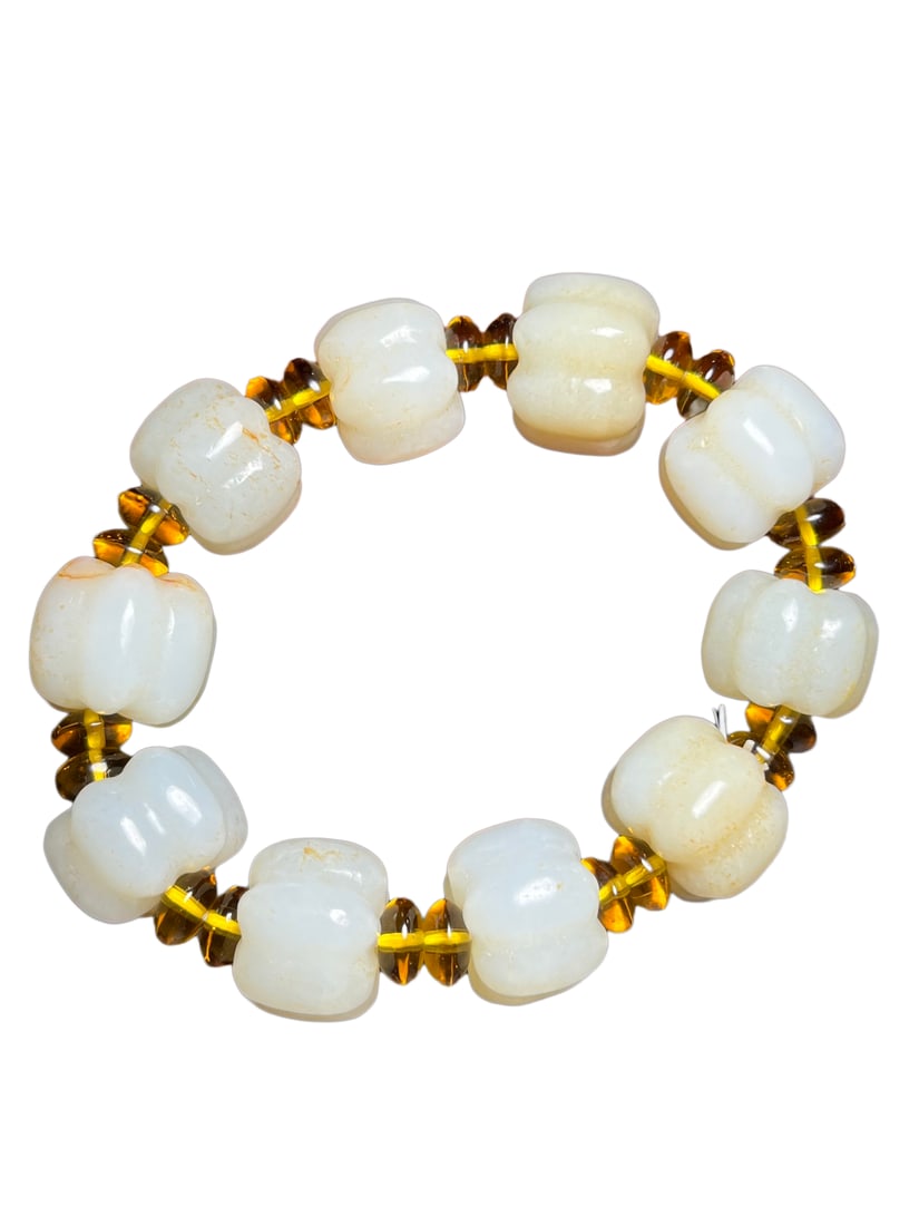 Hand Woven Chinese Hetian Jade Carved Pumpkin Beads Bracelet (1 of 10)