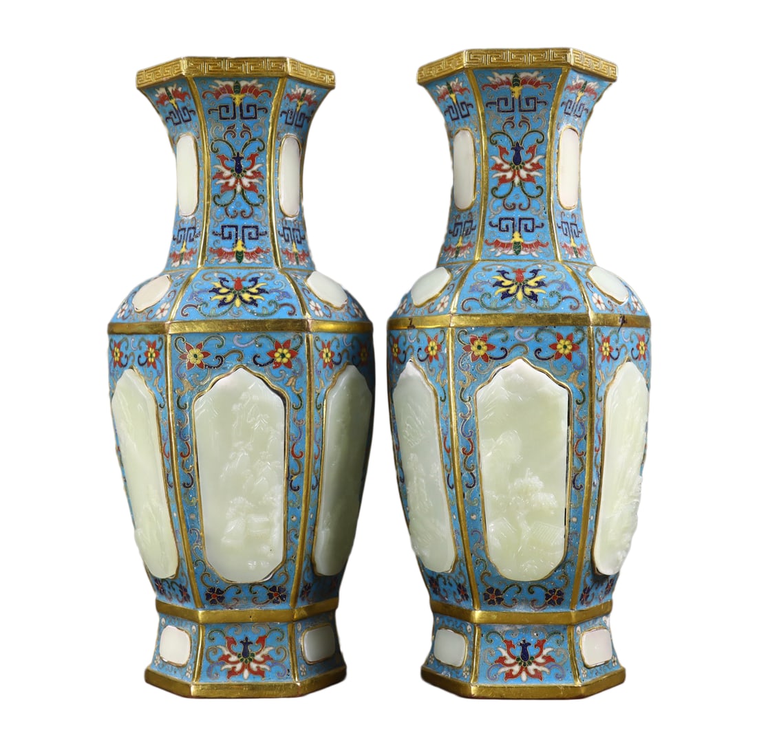A Pair Vintage Chinese Gilt Gold Copper Cloisonne Inlay Hetian Jade Mountain River Scene Vases: A Pair Vintage Chinese Gilt Gold Copper Cloisonne Inlay Hetian Jade Mountain River Scene Vases Dimension: 280 x 110 (mm) 11.02 x 4.33 (inches) Weight: 6.53 lbs/ 2960 g