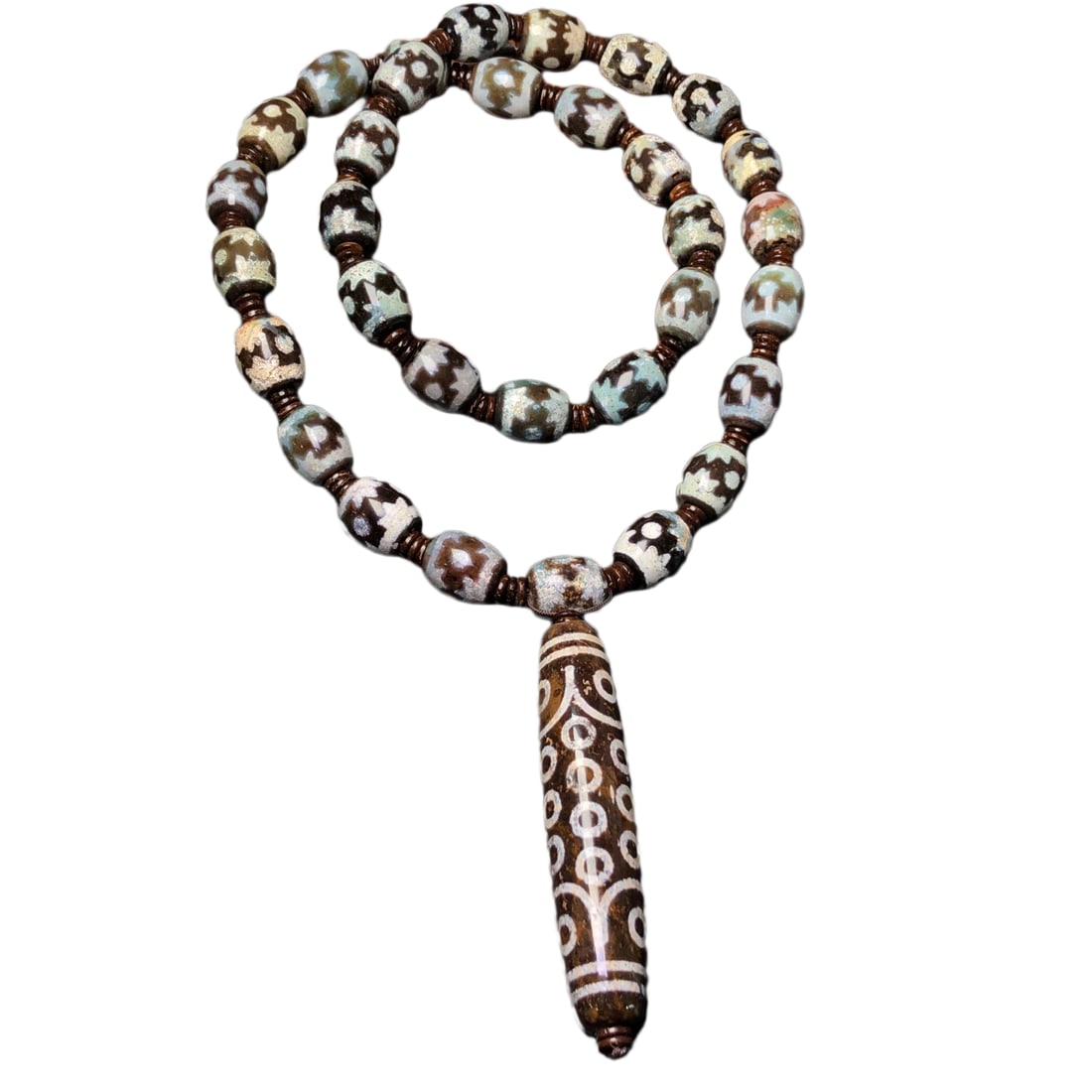 Old Tibetan 27 Eye DZI Agate Lucky Pendant w Hand Woven Necklace (1 of 10)