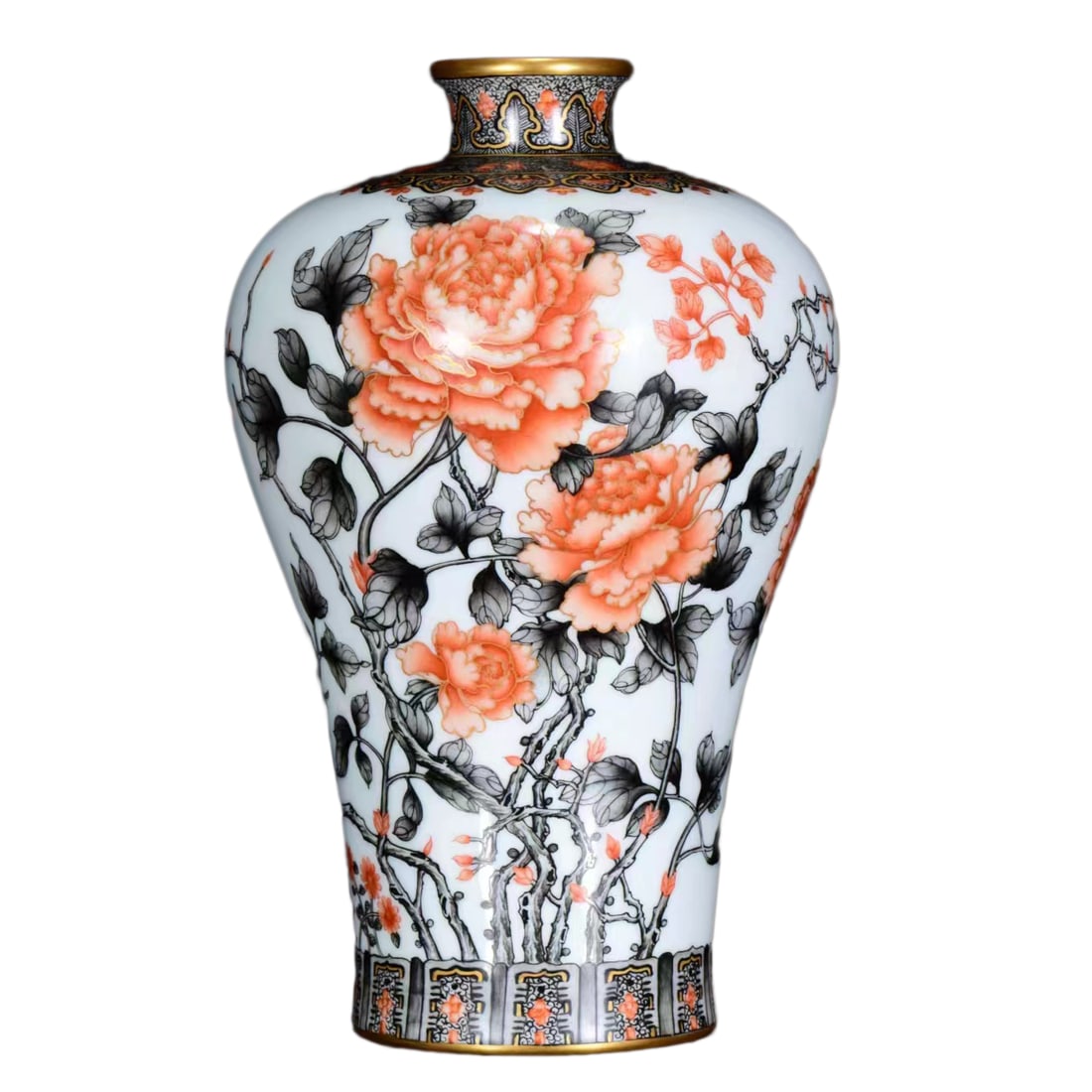 Chinese Gilt Edge Mocai + Iron Red Glaze Flowers Design Porcelain Vase (1 of 10)